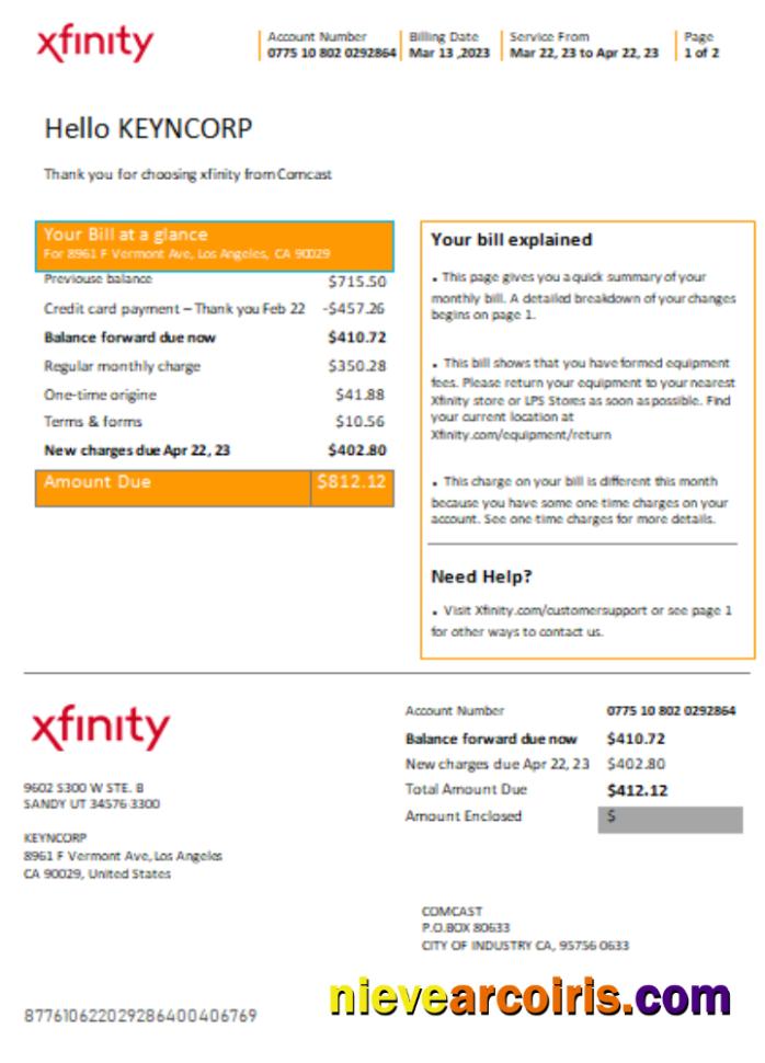 San Francisco Xfinity Comcast utility business bill page 1